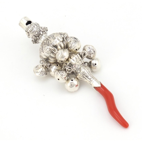 3986 - Victorian style unmarked silver babies rattle with whistle and coral handle, 14cm in length