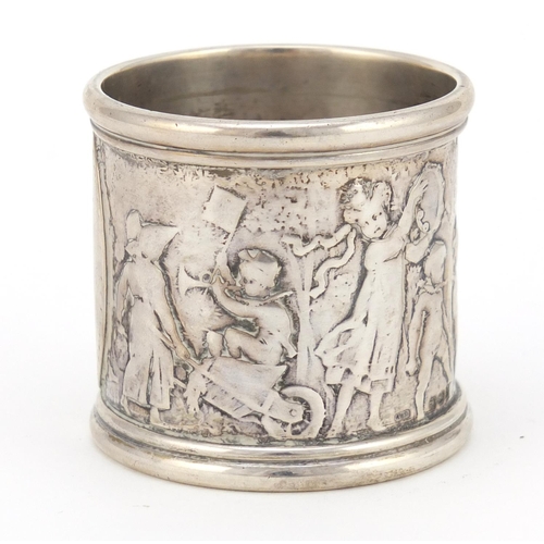 3492 - Tiffany & Co circular silver napkin ring depicting nursery rhyme figures, hallmarked London 1920, 4.... 