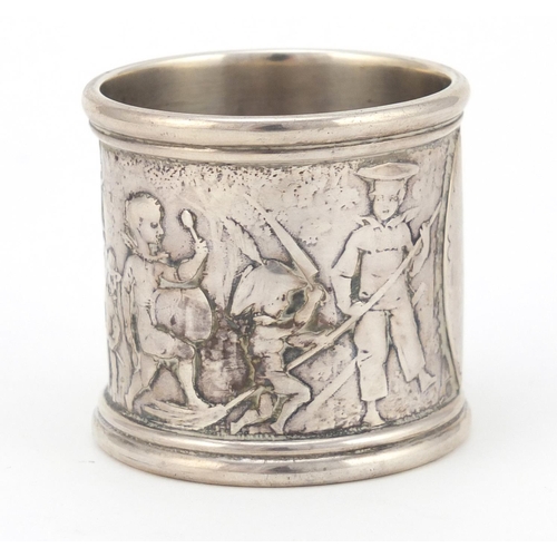 3492 - Tiffany & Co circular silver napkin ring depicting nursery rhyme figures, hallmarked London 1920, 4.... 