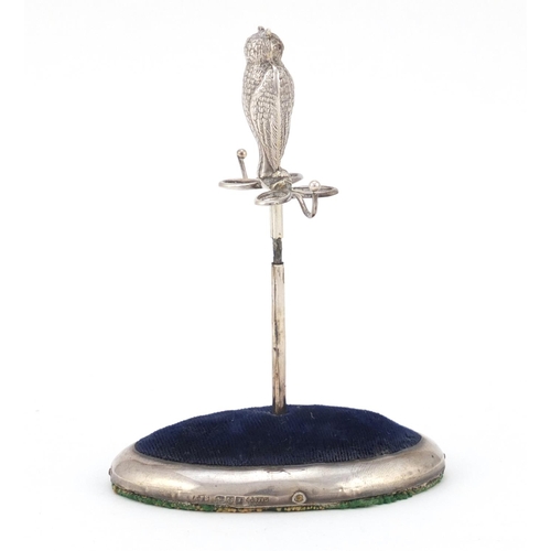 3683 - Edward VII novelty silver pin cushion in the form of an owl seated on a branch, with garnet eyes, by... 