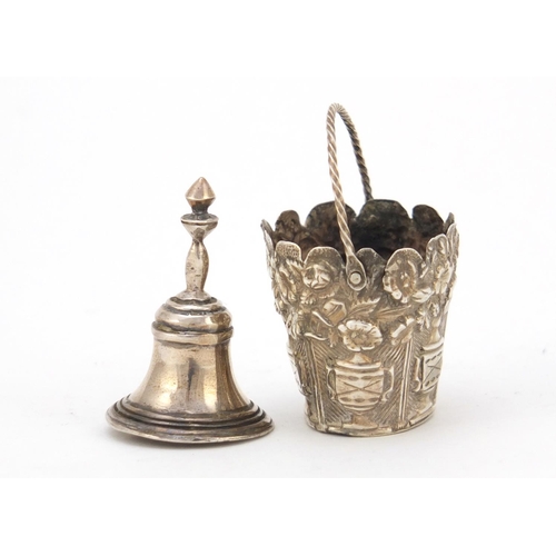 3663 - Victorian unmarked silver basket and a miniature silver bell, the largest 4cm high, 12.0g