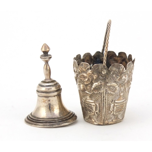 3663 - Victorian unmarked silver basket and a miniature silver bell, the largest 4cm high, 12.0g