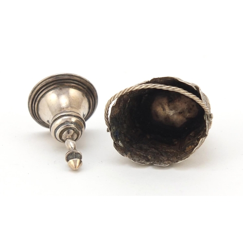 3663 - Victorian unmarked silver basket and a miniature silver bell, the largest 4cm high, 12.0g