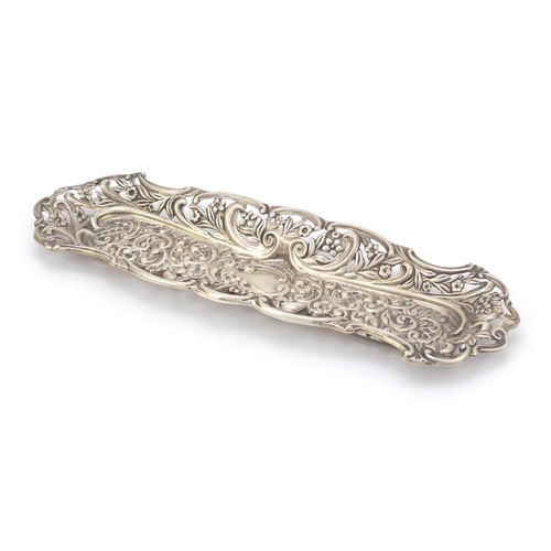 3430 - Edward VII rectangular silver pen tray, by Henry Matthews, pierced and embossed with flowers and fol... 