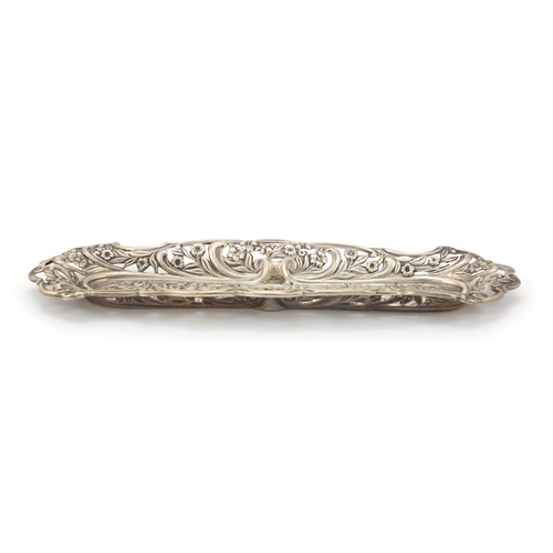 3430 - Edward VII rectangular silver pen tray, by Henry Matthews, pierced and embossed with flowers and fol... 