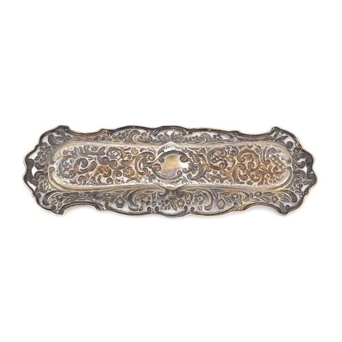 3430 - Edward VII rectangular silver pen tray, by Henry Matthews, pierced and embossed with flowers and fol... 