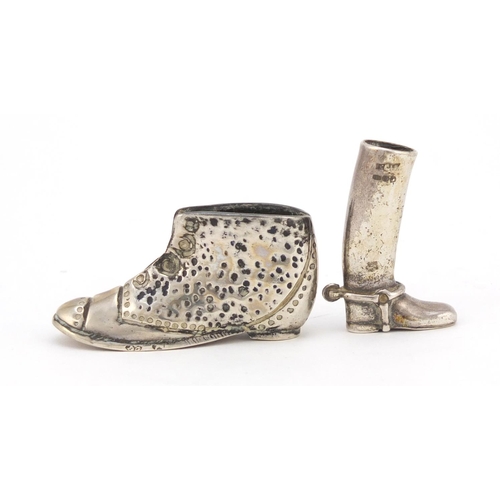 3661 - Novelty unmarked silver match striker in the form of a boot and an Italian silver boot, the largest,... 