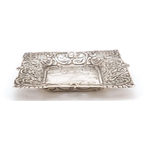 3272 - Victorian silver dish embossed with a courting couple and pierced with flowers, by David Bridge, Lon... 