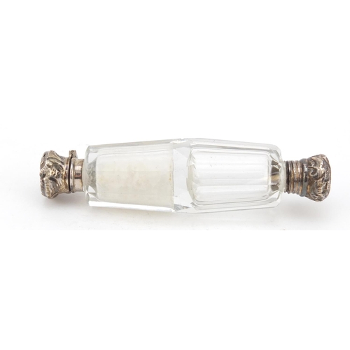 3185 - Victorian cut glass and unmarked silver double end scent bottle, housed in a leather case