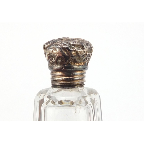 3185 - Victorian cut glass and unmarked silver double end scent bottle, housed in a leather case