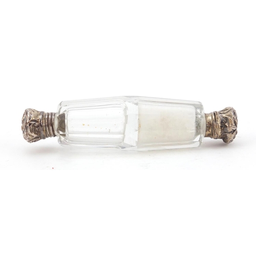 3185 - Victorian cut glass and unmarked silver double end scent bottle, housed in a leather case