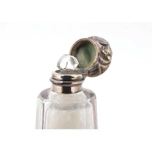 3185 - Victorian cut glass and unmarked silver double end scent bottle, housed in a leather case