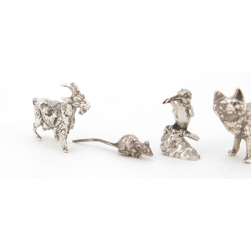 3725 - Five miniature silver animals comprising wolf, kingfisher, goat, dog and mouse, the largest 6.5cm in... 