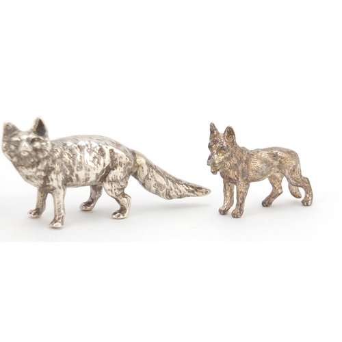 3725 - Five miniature silver animals comprising wolf, kingfisher, goat, dog and mouse, the largest 6.5cm in... 