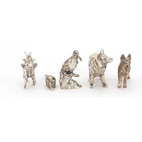 3725 - Five miniature silver animals comprising wolf, kingfisher, goat, dog and mouse, the largest 6.5cm in... 