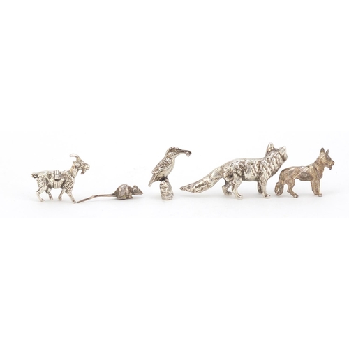 3725 - Five miniature silver animals comprising wolf, kingfisher, goat, dog and mouse, the largest 6.5cm in... 