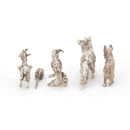 3725 - Five miniature silver animals comprising wolf, kingfisher, goat, dog and mouse, the largest 6.5cm in... 