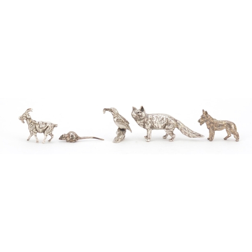 3725 - Five miniature silver animals comprising wolf, kingfisher, goat, dog and mouse, the largest 6.5cm in... 