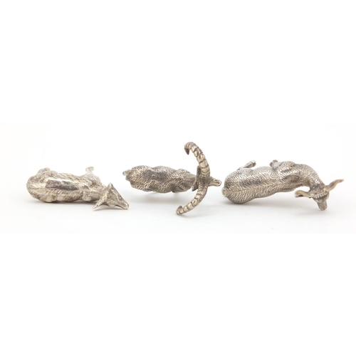 3869 - Three miniature silver animals including a long horn goat, the largest 5.5cm high, 113.0g