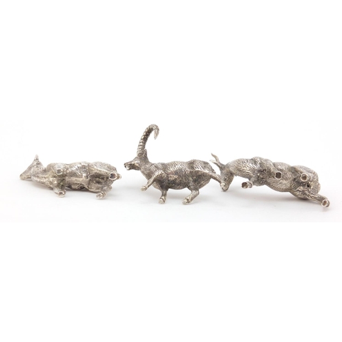 3869 - Three miniature silver animals including a long horn goat, the largest 5.5cm high, 113.0g