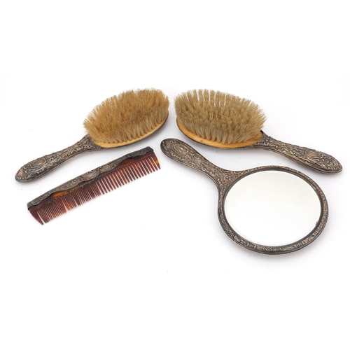 5233 - George V silver four piece vanity set comprising hand mirror, two brushes and comb, by Robert Pringl... 