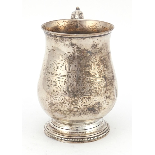 3607 - Victorian silver tankard by Josiah Williams & Co, Exeter 1877, with military interest inscription, 1... 