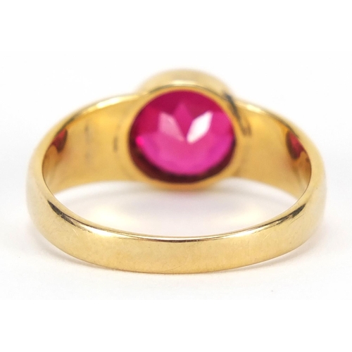 3101 - 18ct gold ruby solitaire ring, size O, 4.8g