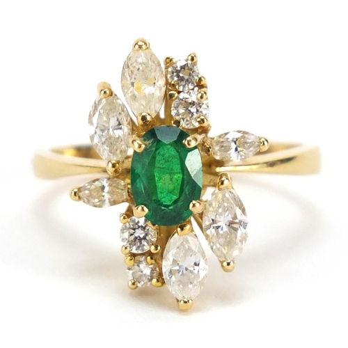 3818 - 18ct gold emerald and diamond ring, size S, hallmarked London 1990, 5.6g