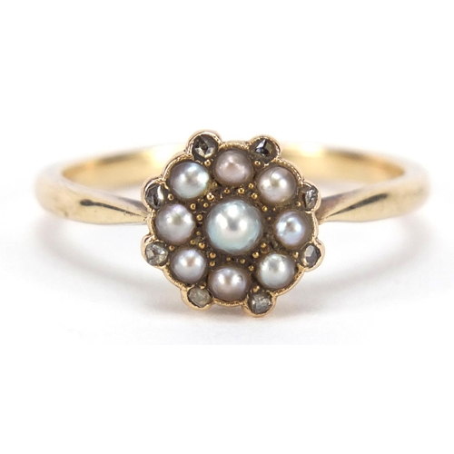 3760 - Victorian unmarked gold, seed pearl and diamond ring, size S, 2.8g