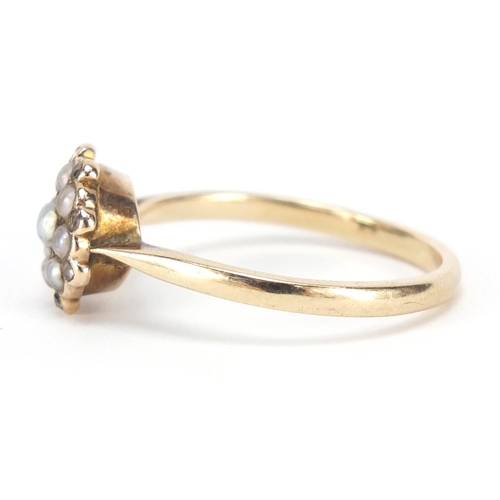 3760 - Victorian unmarked gold, seed pearl and diamond ring, size S, 2.8g