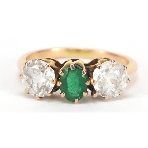 4242 - Unmarked gold green stone and clear sapphire ring, size S, 3.6g
