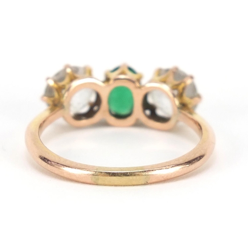 4242 - Unmarked gold green stone and clear sapphire ring, size S, 3.6g