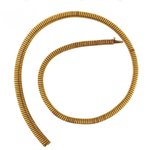 3025 - Unmarked gold snake link necklace, (tests as 14-18ct gold) 42cm in length, 22.3g