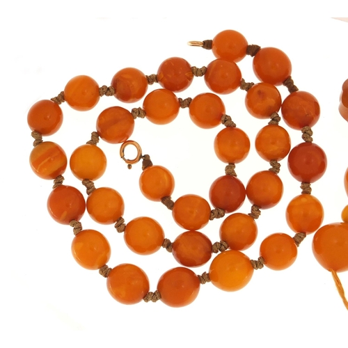 3143 - Two butterscotch amber coloured bead necklaces and ring, the largest necklace 50cm in length, 58.4g