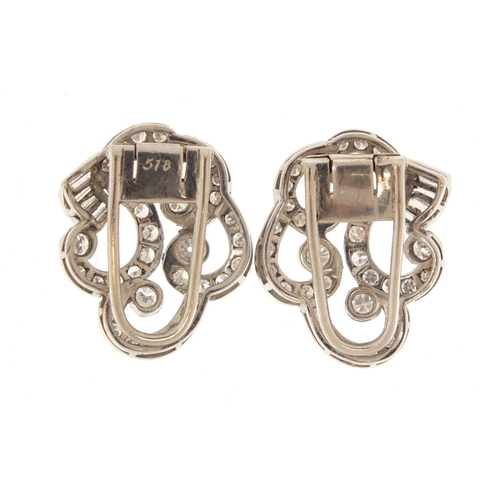 3322 - Pair of unmarked white metal diamond clip on earrings, 2.2cm in length, 8.2g