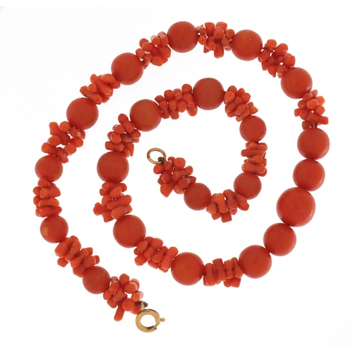 3375 - Natural coral and pink bead necklace, 44cm in length, 43.0g