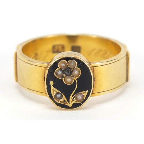 3023 - Victorian 18ct gold diamond, seed pearl and black enamel mourning ring, engraved E D Sept 4th 1884, ... 