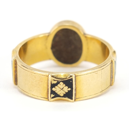 3023 - Victorian 18ct gold diamond, seed pearl and black enamel mourning ring, engraved E D Sept 4th 1884, ... 