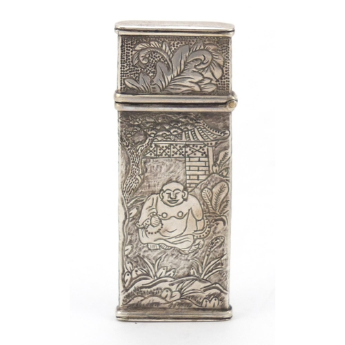 3684 - Rectangular silver twin divisional needle case engraved with Chinese Buddhas, indistinct marks to th... 