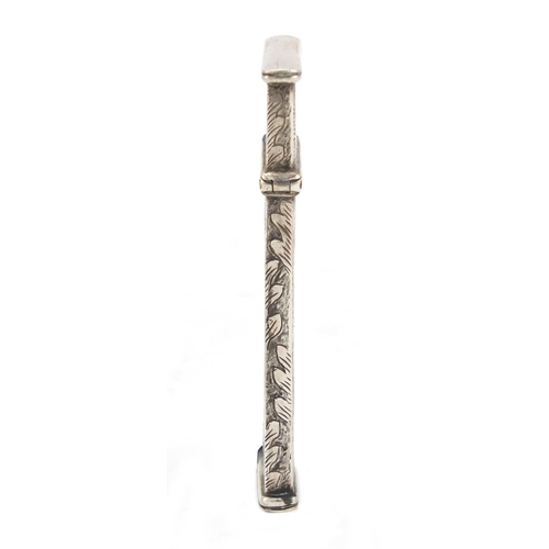 3684 - Rectangular silver twin divisional needle case engraved with Chinese Buddhas, indistinct marks to th... 