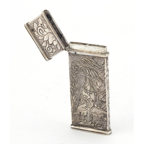 3684 - Rectangular silver twin divisional needle case engraved with Chinese Buddhas, indistinct marks to th... 