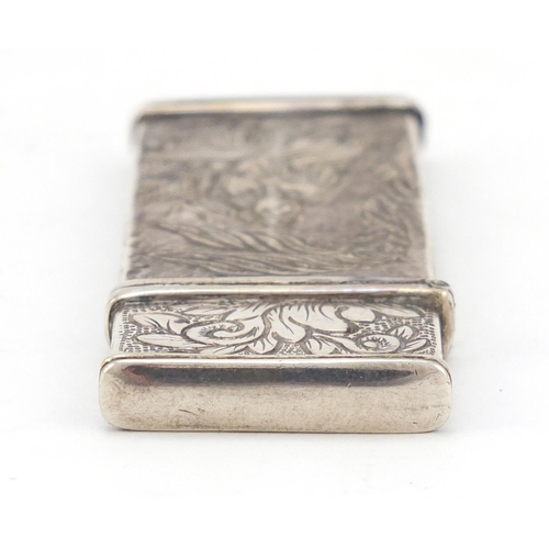 3684 - Rectangular silver twin divisional needle case engraved with Chinese Buddhas, indistinct marks to th... 