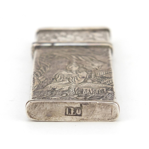 3684 - Rectangular silver twin divisional needle case engraved with Chinese Buddhas, indistinct marks to th... 