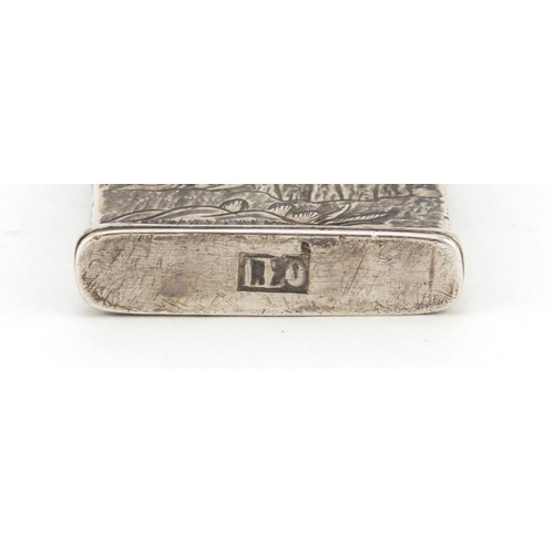 3684 - Rectangular silver twin divisional needle case engraved with Chinese Buddhas, indistinct marks to th... 