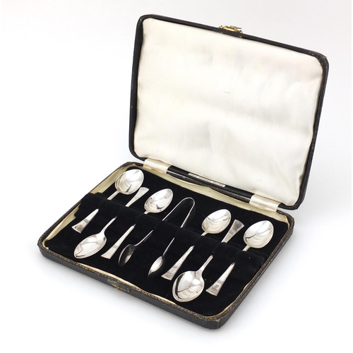 4021 - Set of six silver teaspoons and sugar tongs, by Angora Silver Plate Co, Sheffield 1941, 11cm in leng... 