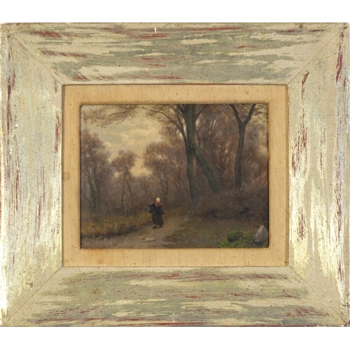 3887 - Attributed to Tom Robertson - A Surrey lane, oil on board, mounted and framed, 22cm  x 17cm