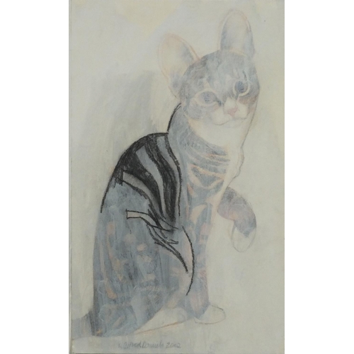 3067 - Alfred Daniels 2002 - Seated cat, preliminary study on paper laid on card together with three unsign... 