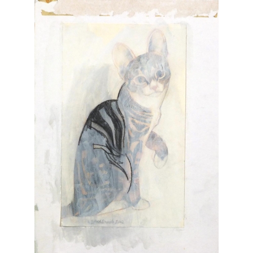 3067 - Alfred Daniels 2002 - Seated cat, preliminary study on paper laid on card together with three unsign... 