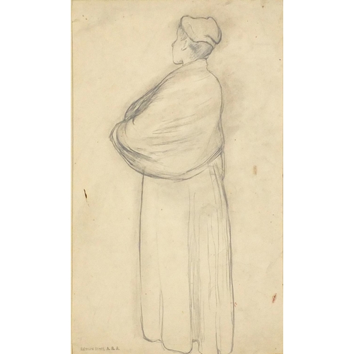 3301 - Edward Stott ARA - Standing female, pencil on paper, inscribed verso, mounted, unframed, 35.5cm x 21... 