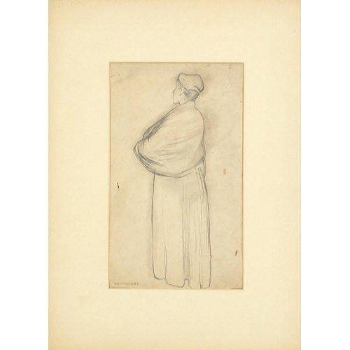 3301 - Edward Stott ARA - Standing female, pencil on paper, inscribed verso, mounted, unframed, 35.5cm x 21... 